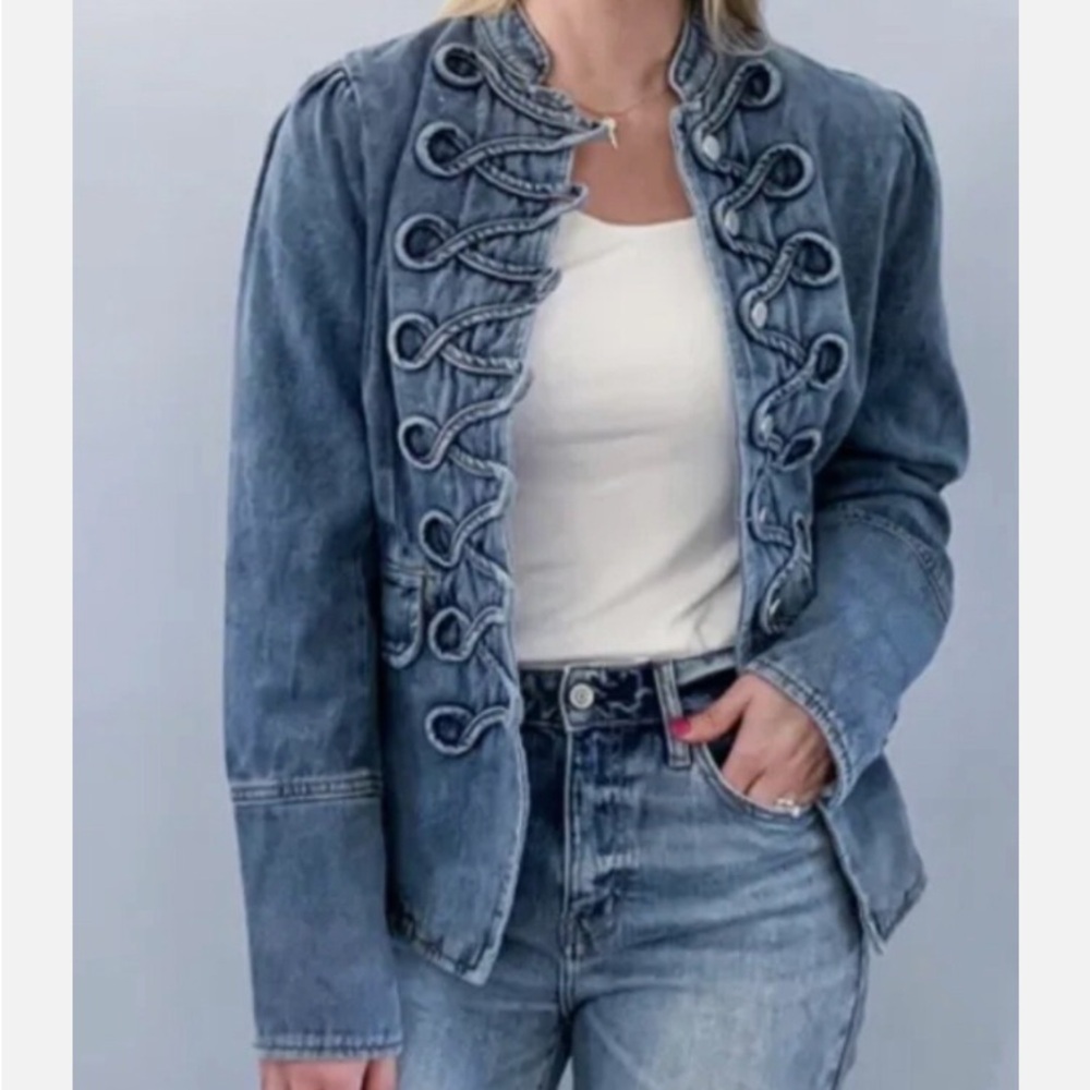 Savanna Jane Military Style Jean Jacket with Decorative Trim